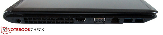 lewy bok: gniazdo zasilania, wylot powietrza z układu chłodzenia, HDMI, VGA, LAN, 2 USB 3.0