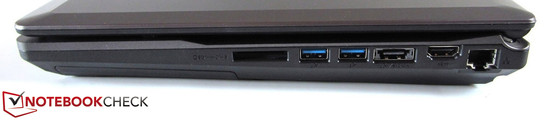 prawy bok: czytnik kart pamięci, 2 USB 3.0, eSATA/USB 3.0, HDMI, LAN