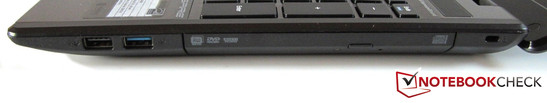 prawy bok: USB 2.0, USB 3.0, napęd optyczny, gniazdo blokady Kensingtona