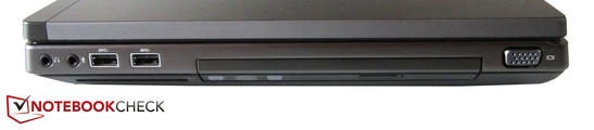 prawy bok: 2 gniazda audio, 2 USB 3.0, czytnik kart inteligentnych (Smart Card), napęd optyczny, VGA