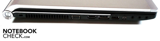lewy bok: blokada Kensingtona, VGA/D-Sub, HDMI, eSATA/USB, USB, Firewire, 3x gniazda audio