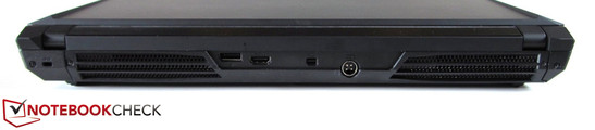 tył: gniazdo blokady Kensingtona, otwory wnetylacyjne, DisplayPort, HDMI, mini DisplayPort, gniazdo zasilania, otwory wentylacyjne