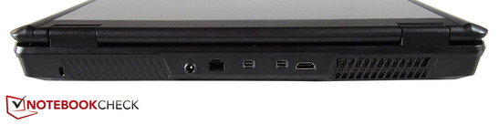 tył: gniazdo blokady Kensingtona, gniazdo zaislania, LAN, 2 wyjścia mini DisplayPort, HDMI, otwory wentylacyjne