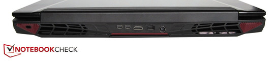 tył: gniazdo blokady Kensingtona, , otwory wentylacyjne, 2 złącza mini DisplayPort, HDMI, LAN, gniazdo zasilania, otwory wentylacyjne