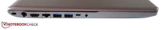 lewy bok: gniazdo blokady Kensingtona, gniazdo zasilania, HDMI, RJ-45 (LAN), 2 USB 3.0, gniazdo adaptera VGA, gniazdo zasilania