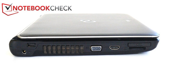 lewy bok: gniazdo zasilania, USB 2.0, VGA, HDMI, czytnik kart pamięci (SD/MMC/MS/MS Pro), ExpressCard/34