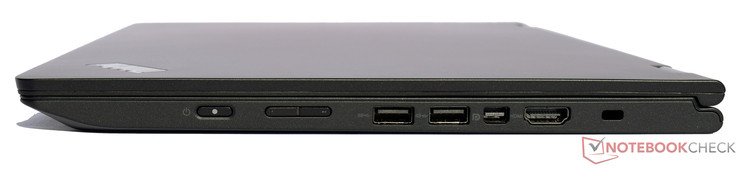 prawy bok: przycisk zasilania, regulator głośności, 2 USB 3.0, mini DisplayPort, HDMI, gniazdo blokady Kensingtona
