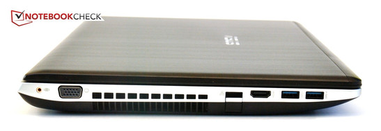 lewy bok: złącze subwoofera, VGA, otwory wentylacyjne, LAN, HDMI, 2 USB 3.0