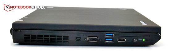 lewy bok: otwory wentylacyjne, mini DisplayPort, VGA, 2 USB 3.0, USB 2.0, FireWire 400