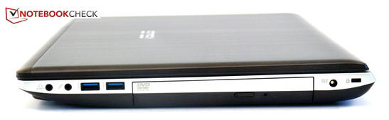 prawy bok: 2 gniazda audio (słuchawkowe/SPDIF i mikrofonu), 2x USB 3.0, napęd optyczny (DVD), gniazdo zasilania, gniazdo blokady Kensingtona
