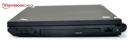 prawy bok: ExpressCard/34, czytnik kart pamięci (SD, SDHC, SDXC, MMC), gniazdo audio, napęd optyczny (DVD) w zatoce UltraBay, LAN (Gigabit Ethernet)