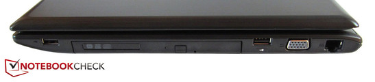 prawy bok: USB 2.0, napęd optyczny, USB 2.0, VGA, LAN