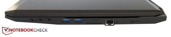 prawy bok: 3 gniazda audio, 2 USB 3.0, czytnik kart pamięci, LAN, gniazdo blokady Kensingtona