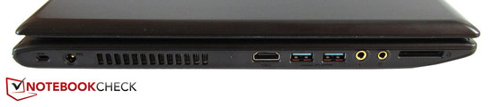 lewy bok: gniazdo blokady Kensingtona, gniazdo zasilania, wylot powietrza z układu chłodzenia, HDMI, 2 USB 3.0, 2 gniazda audio, czytnik kart pamięci