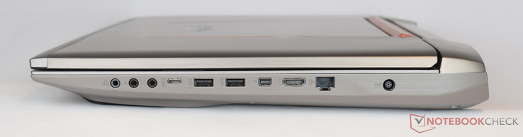 prawy bok: 3 gniazda audio, USB 3.1 Gen2 (z wsparciem Thunderbolt 3), 2 USB 3.0, mini DisplayPort, HDMI, LAN, gniazdo zasilania