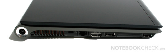 lewy bok: gniazdo zasilania, blokada Kensingtona, LAN, HDMI, USB, ExpressCard/34, USB