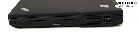 prawy bok: gniazdo audio, napęd optyczny, ExpressCard/34, czytnik kart 4 w 1, USB 2.0, USB/eSATA, gniazdo blokady Kensingtona