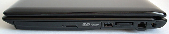 prawy bok: napęd DVD, USB, czytnik kart, LAN, złącze zasilania