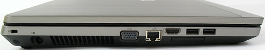 lewy bok: blokada Kensingtona, gniazdo zasilania, VGA, LAN, HDMI, ExpressCard/34, 2x USB 2.0