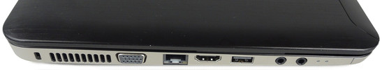 lewy bok: złącze blokady Kensingtona, kratki wentylacyjne, VGA, RJ-45, HDMI, USB 2.0, gniazda audio