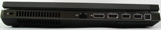 lewy bok: blokada Kensingtona, LAN, DisplayPort, eSATA/USB 2.0, 2x USB 3.0, FireWire, ExpressCard/54
