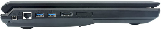 lewy bok: mini IEEE 1394, LAN,  2 USB 3.0, eSATA/USB, czytnik kart pamięci