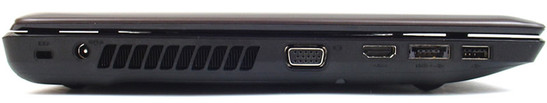 lewy bok: blokada Kensingtona, gniazdo zasilania, szczeliny wentylacyjne, VGA, HDMI, eSATA/USB 2.0, USB 2.0