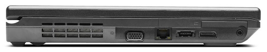 lewy bok: otwory wentylacyjne, VGA, LAN, eSATA/USB 2.0, DisplayPort, ExpressCard/54, gniazdo audio (słuchawkowe i mikrofonu)
