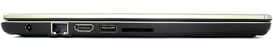 lewy bok: gniazdo zasilania, LAN, HDMI, USB 3.0, czytnik kart pamięci