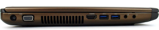 lewy bok: gniazdo zasilania, VGA, HDMI, 2x USB 3.0, 2x audio