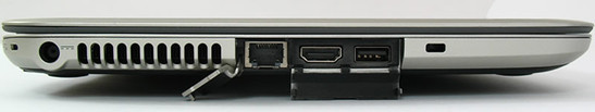 lewy bok: gniazdo zasilania, szczeliny układu chłodzenia, LAN, HDMI, USB 3.0, gniazdo blokady Kensingtona