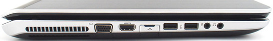lewy bok: wylot powietrza z układu chłodzenia, VGA, HDMI, LAN, USB 2.0, USB 3.0, 2 gniazda audio
