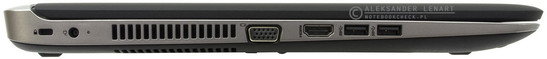 lewy bok: gniazdo blokady Kensingtona, gniazdo zasilania, szczeliny układu chłodzenia, VGA/D-­Sub, HDMI, dwa USB 3.0