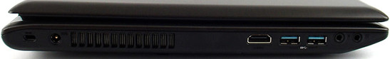 lewy bok: gniazdo blokady Kensingtona, gniazdo zasilania, wylot powietrza z układu chłodzenia, HDMI, 2 USB 3.0, 2 gniazda audio