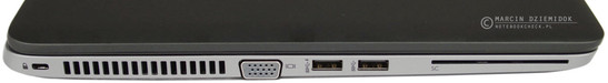 lewy bok: gniazdo blokady Kensingtona, wylot powietrza z układu chłodzenia, VGA, 2 USB 3.0, czytnik SmartCard