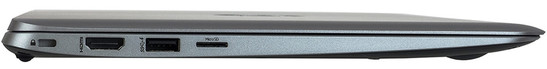 lewy bok: gniazdo blokady Kensingtona, HDMI, USB 3.0, czytnik kart microSD