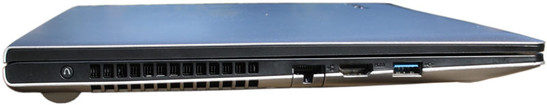 lewy bok: przycisk Novo (uruchamia Lenovo OneKey Recovery), wylot powietrza z układu chłodzenia, LAN, HDMI, USB 3.0