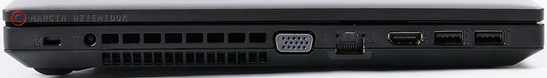 lewy bok: gniazdo blokady Kensingtona, gniazdo zasilania, wylot powietrza z układu chłodzenia, VGA, LAN, HDMI, 2 USB 3.0 (power)
