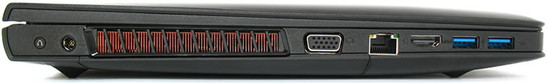 lewy bok: przycisk Novo (OneKey Recovery), gniazdo zasilania, otwory wentylacyjne, VGA, LAN, HDMI, 2 USB 3.0