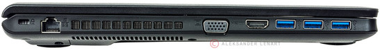 lewy bok: gniazdo blokady Kensingtona, LAN, VGA, HDMI, 3 USB 3.0