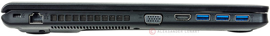 lewy bok: gniazdo blokady Kensingtona, LAN, VGA, HDMI, 3 USB 3.0