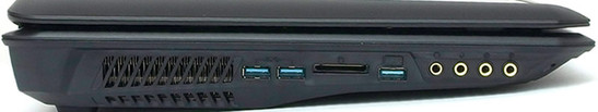 lewy bok: otwory wentylacyjne, 2 USB 3.0, czytnik kart pamięci, USB 3.0, 4 gniazda audio