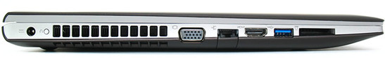 lewy bok: gniazdo zasilania, przycisk Novo, wylot powietrza z układu chłodzenia, VGA, LAN, HDMI, USB 3.0, czytnik kart pamięci
