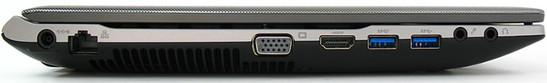 lewy bok: gniazdo zasilania, LAN, wylot powietrza z układu chłodzenia, VGA, HDMI, 2 USB 3.0, 2 gniazda audio