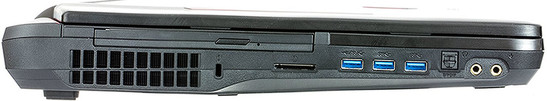 lewy bok: otwory wentylacyjne, napęd optyczny, gniazdo blokady Kensingtona, czytnik kart pamięci, USB 3.0 (power), 2 USB 3.0, S/PDIF, 2 gniazda audio