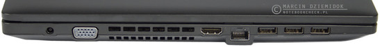 lewy bok: gniazdo zasilania, VGA, wylot powietrza z układu chłodzenia, HDMI, LAN, 3 USB 3.0
