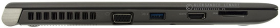 lewy bok: szczeliny wentylacyjne układu chłodzenia, VGA/D-Sub, USB 3.0 (power), HDMI, czytnik kart pamięci