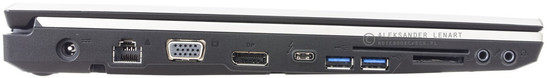 lewy bok: LAN, VGA/D-Sub, DisplayPort, USB 3.1 typu C (Thunderbolt 3), dwa USB 3.0, czytnik kart inteligentnych, czytnik kart pamięci, dwa gniazda audio