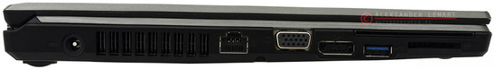 lewy bok: gniazdo zasilania, wylot powietrza z układu chłodzenia, RJ-45 (LAN), VGA/D-Sub, DisplayPort, USB 3.0, czytnik kart inteligentnych, czytnik kart pamięci
