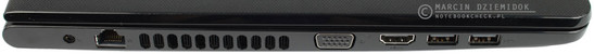 lewy bok: gniazdo zasilania, LAN, wylot układu chłodzenia, VGA, HDMI, dwa USB 3.0